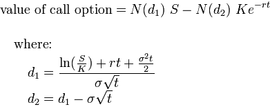 Value of a call option (Black-Scholes formula) formula
