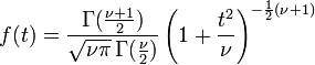 t-distribution probability density function (PDF) formula